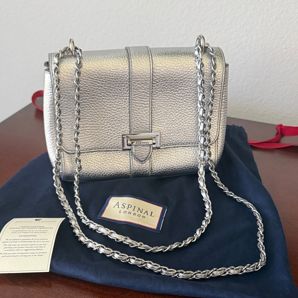 Aspinal of London Silver Pebbled Leather Chain Crossbody Bag